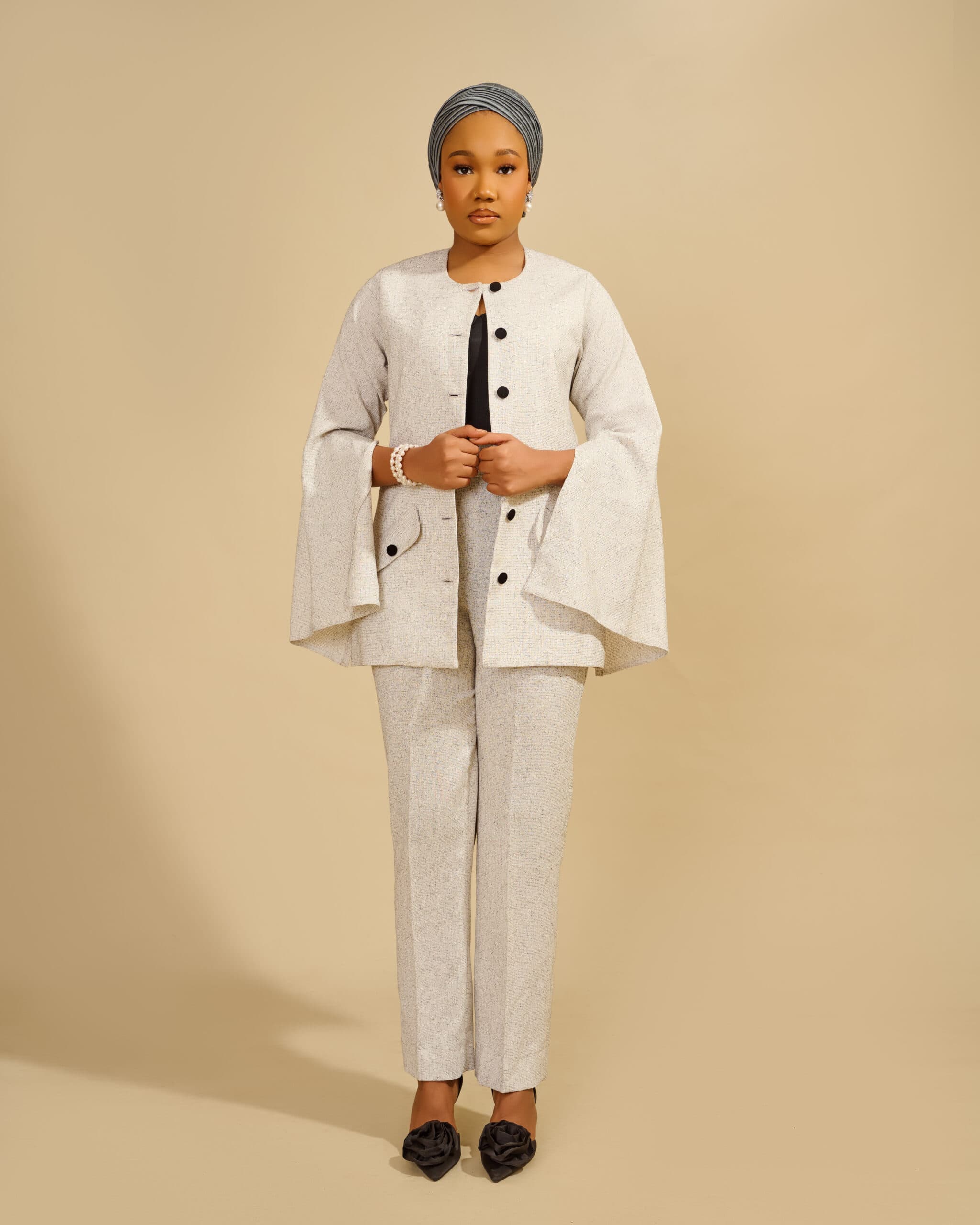 Beige modest work-wear silhouette