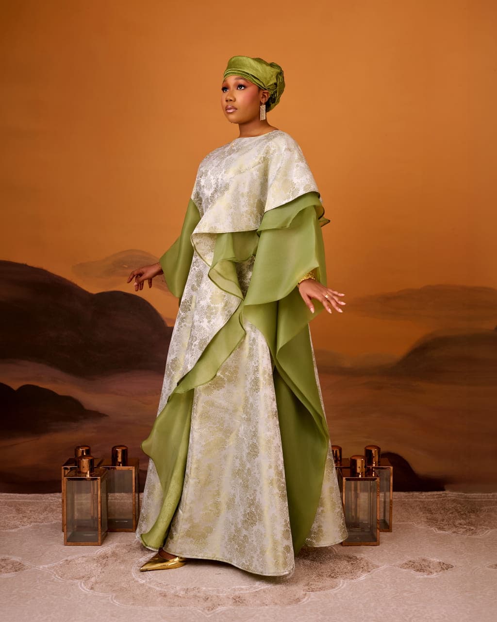 Zayn Jacquard Gown in Sage Green, Sage Green, angle 3