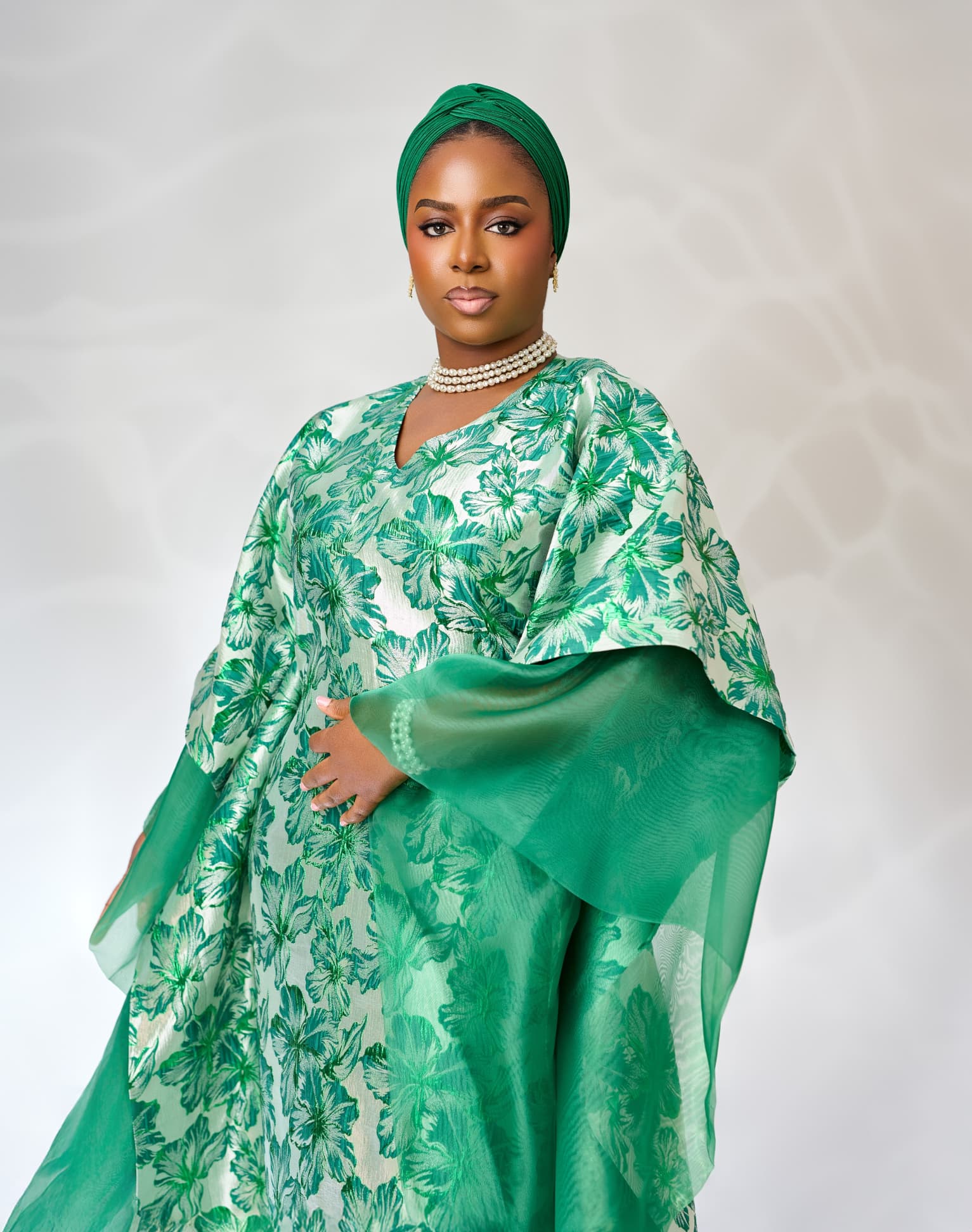 Green Brocade organza boubou, Jade Green, angle 2
