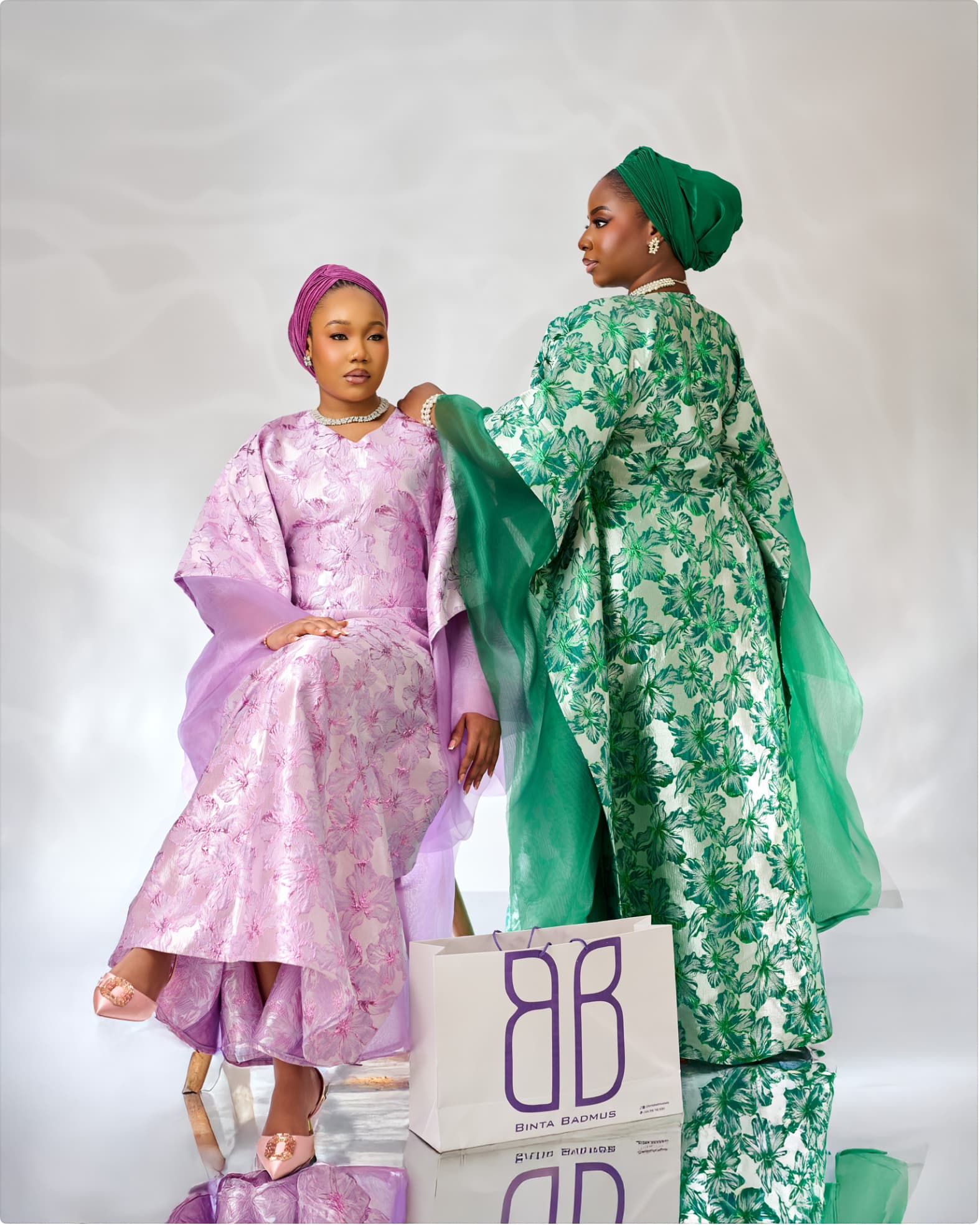 Green Brocade organza boubou, Jade Green, angle 3