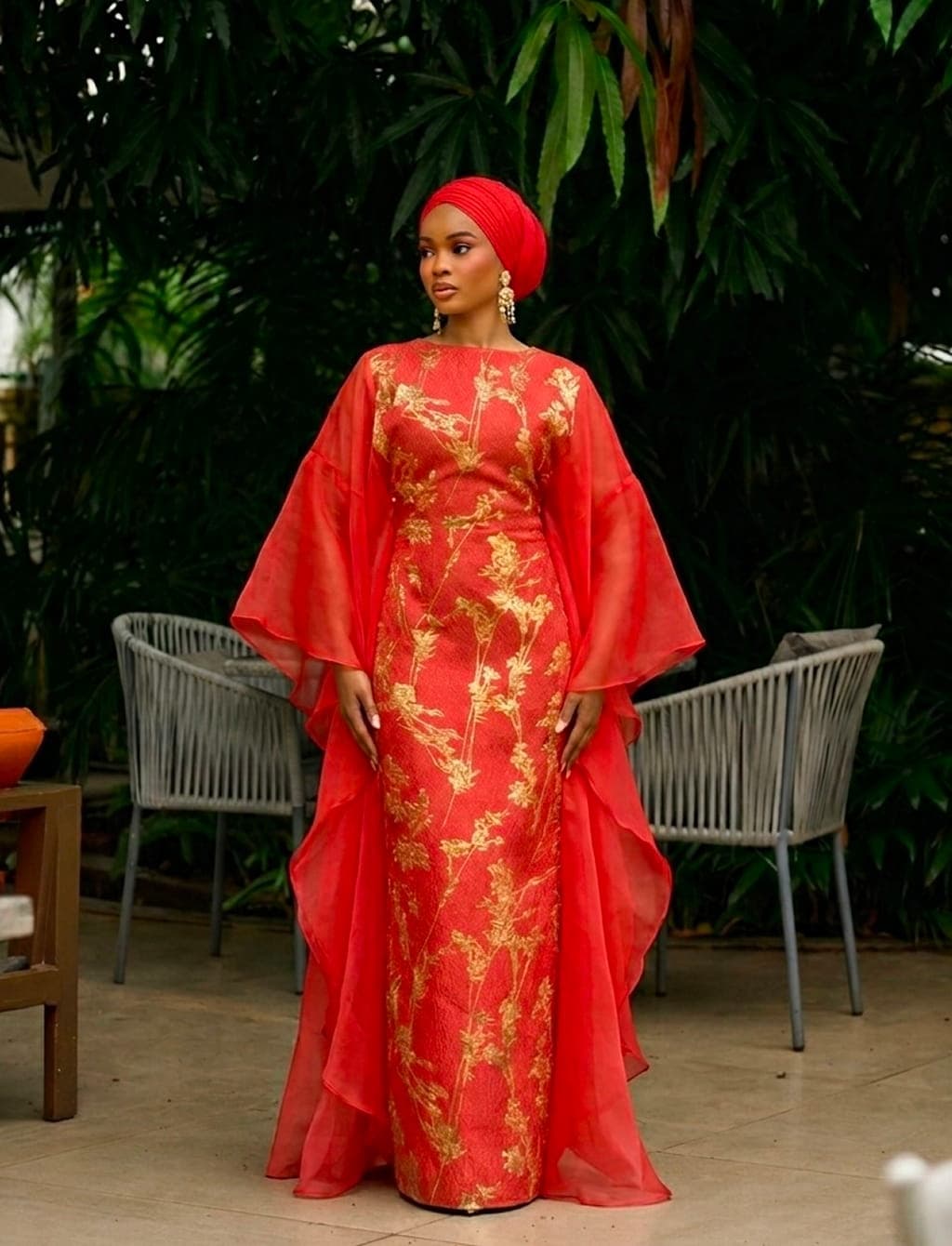 Farah Brocade Set in Coral Red, Coral Red, angle 3