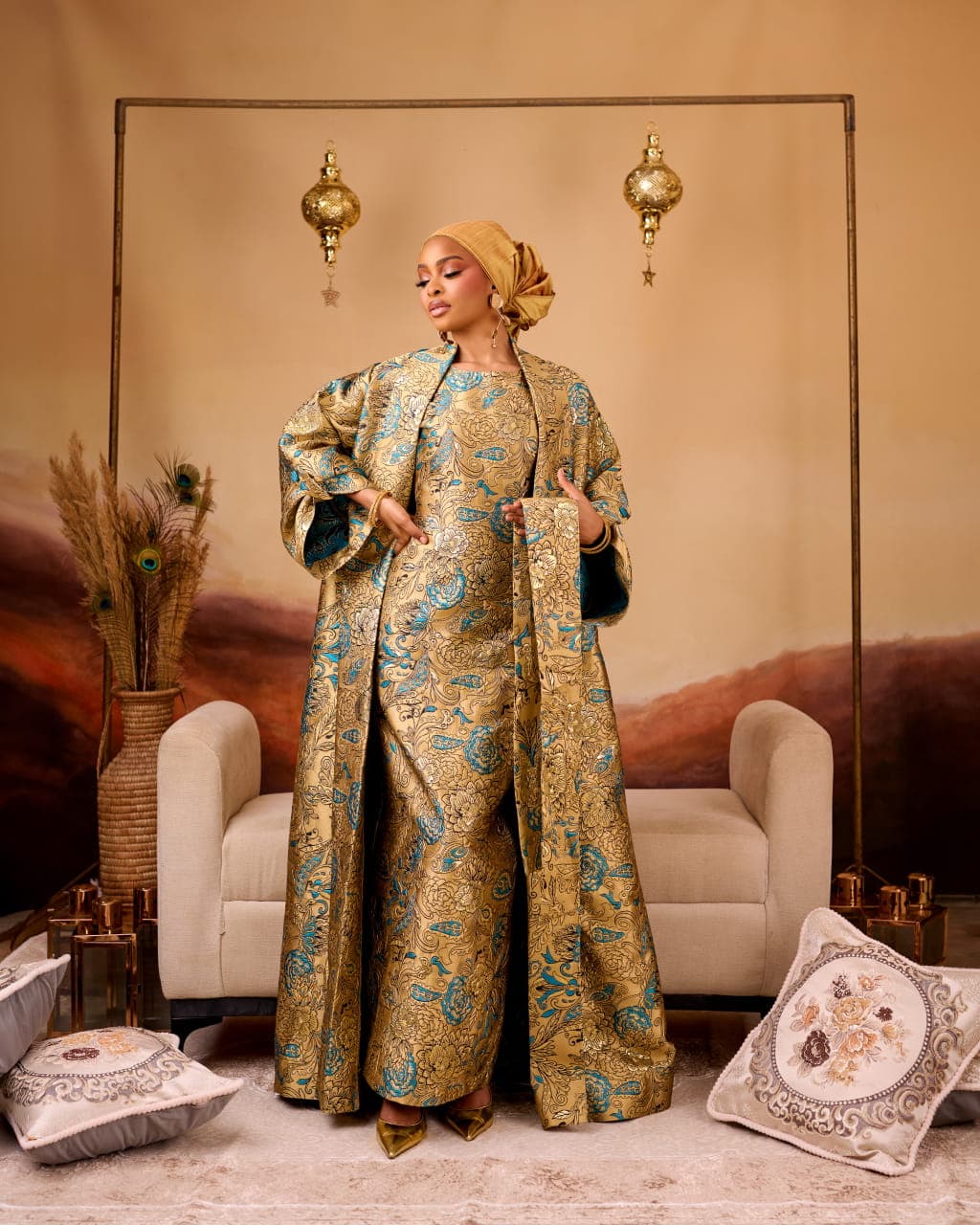 Jara Brocade Jacket Inner and Gown, Gold, angle 1