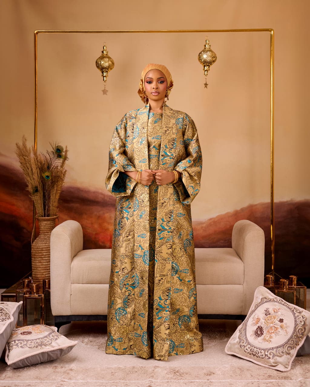 Jara Brocade Jacket Inner and Gown, Gold, angle 3