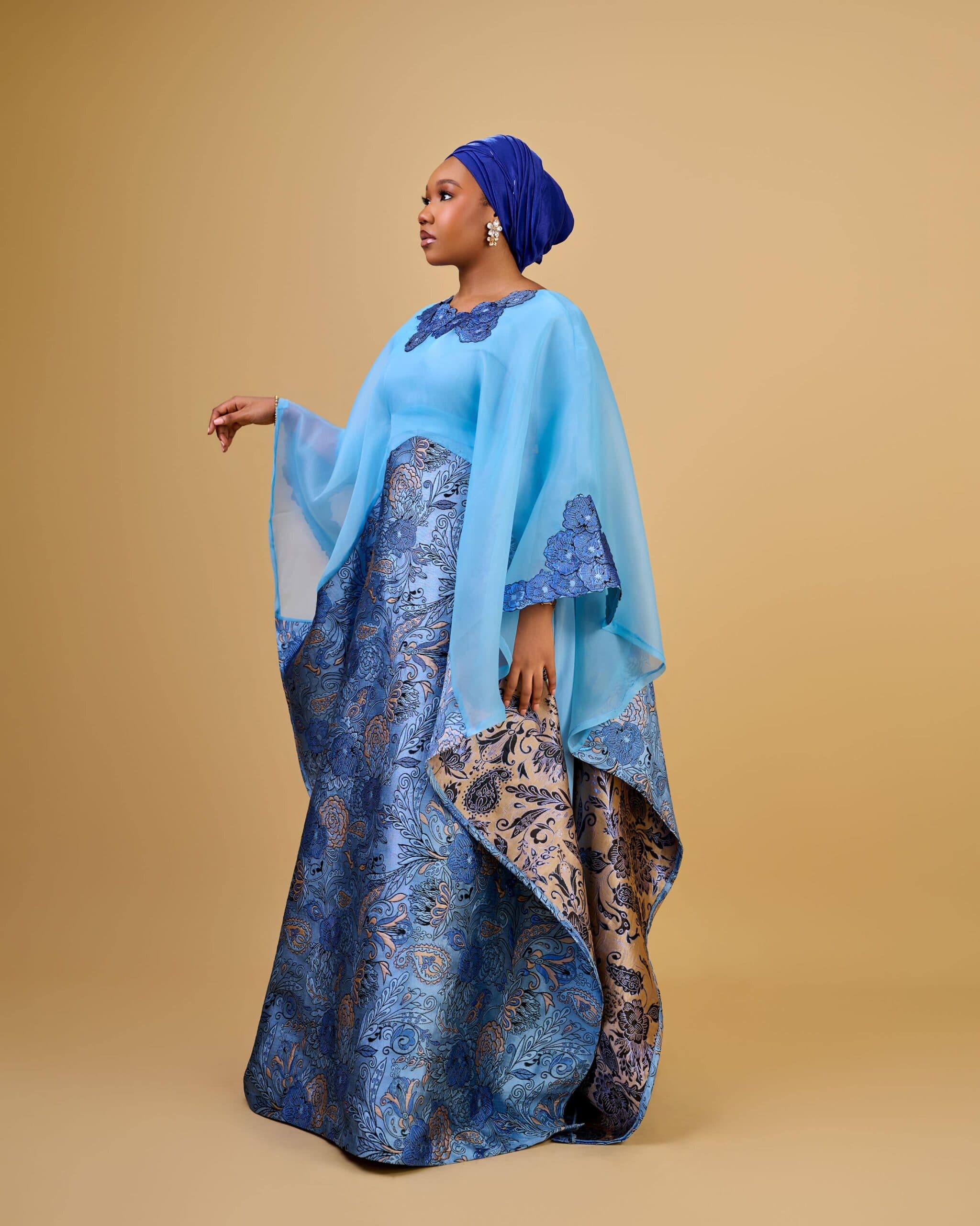 KIRA II Brocade Organza Boubou, Steel Blue, angle 1