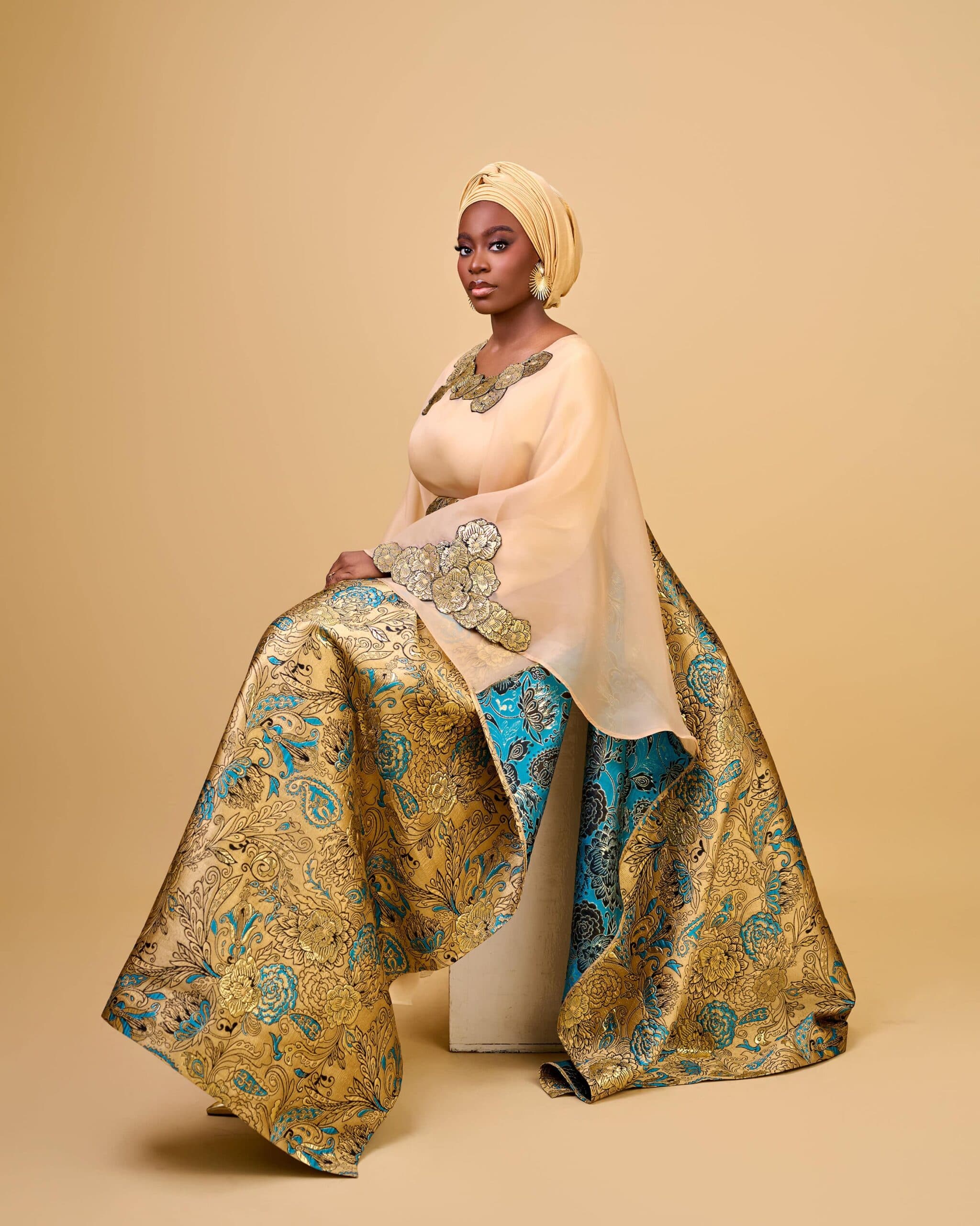 KIRA II Brocade Organza Boubou in Gold, Gold, angle 2