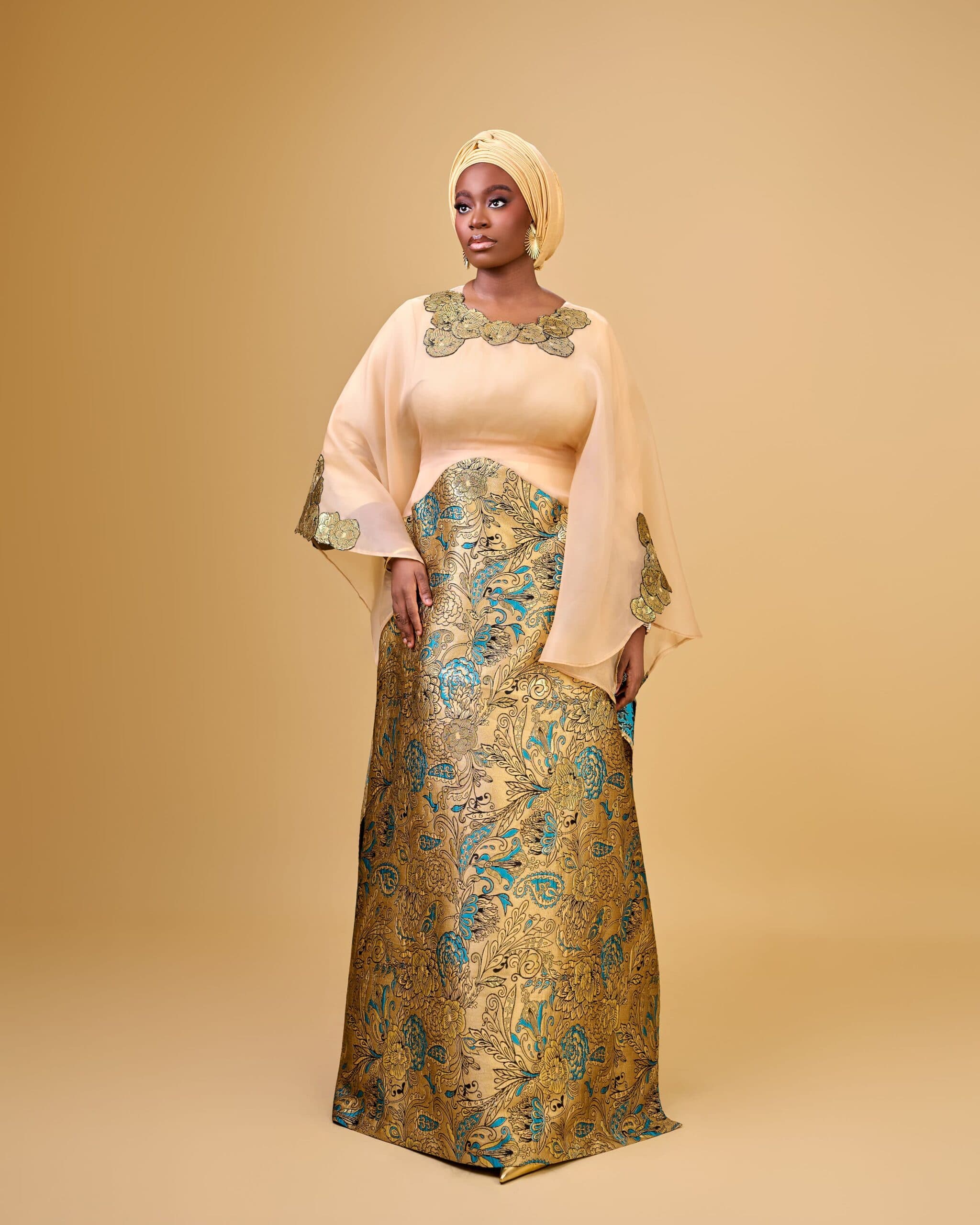 KIRA II Brocade Organza Boubou in Gold, Gold, angle 1
