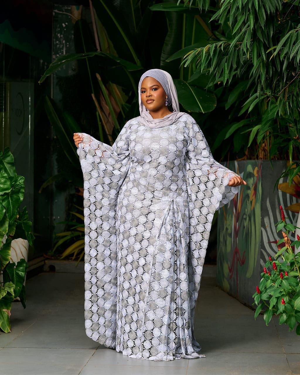 Lace Boubou Dress, Silver Grey, angle 1