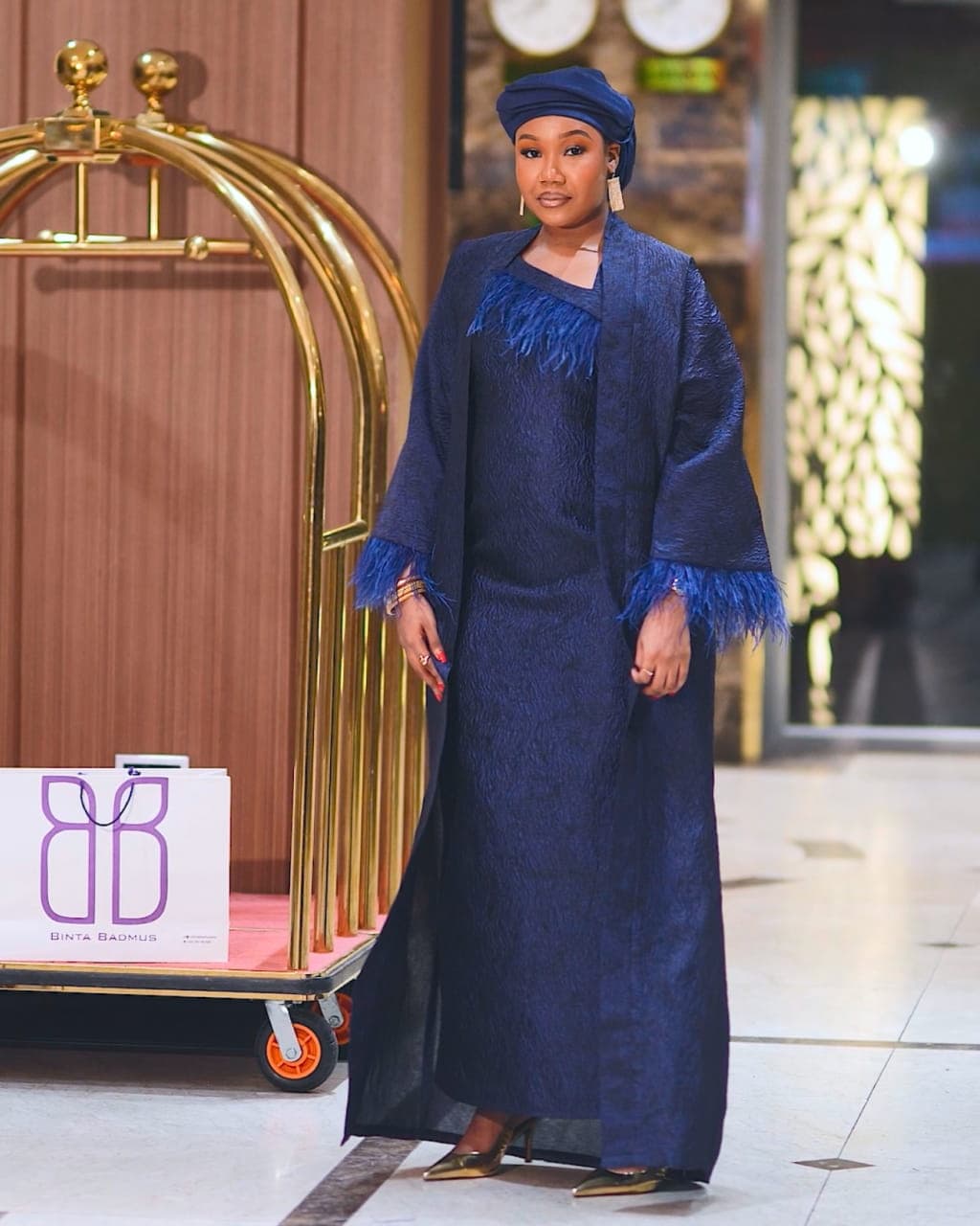 Malikah Feather Brocade Dress Set – Navy Blue, Navy Blue, angle 2