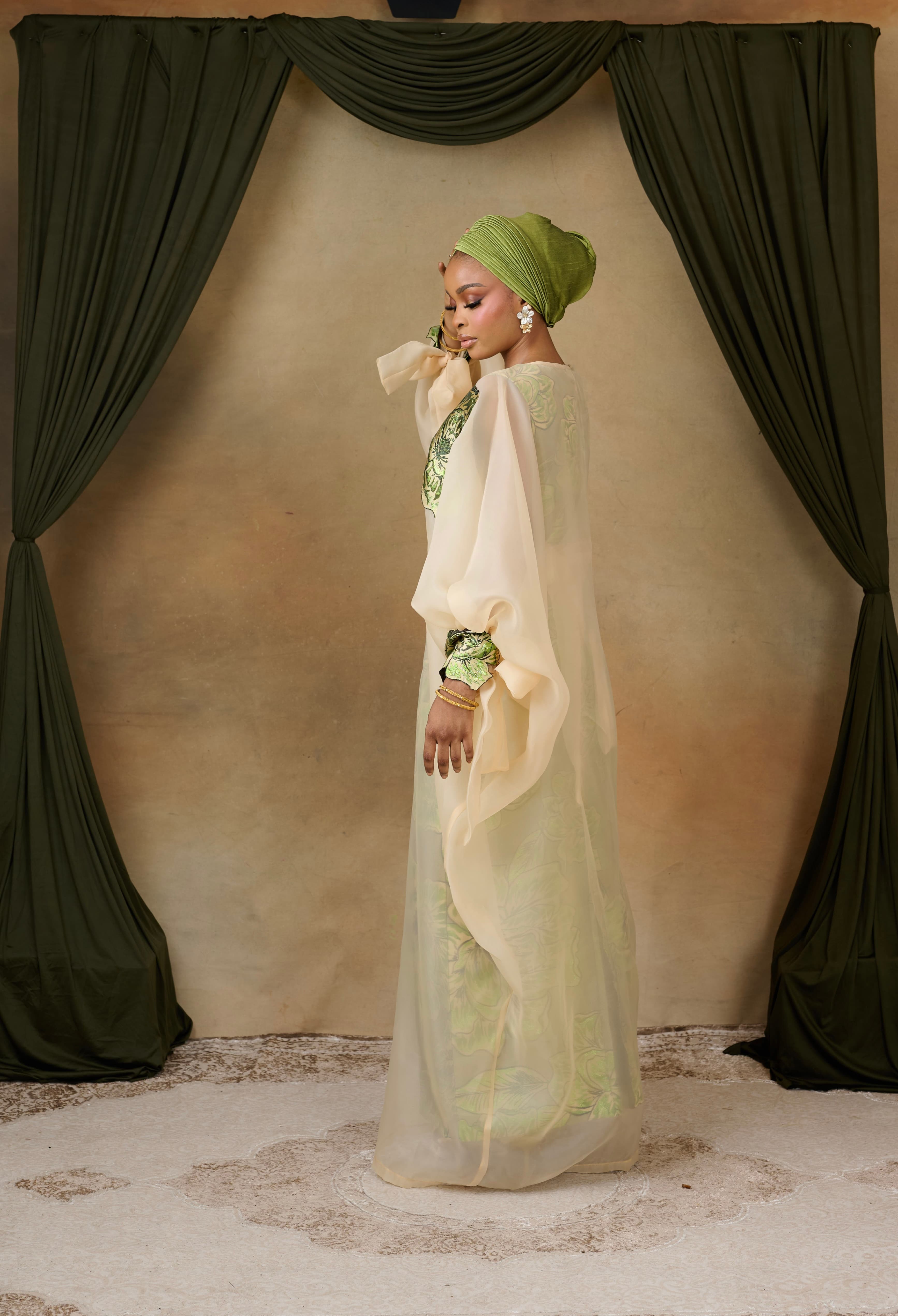 The Ayo Brocade Bubu Set, Champagne/Green, angle 4