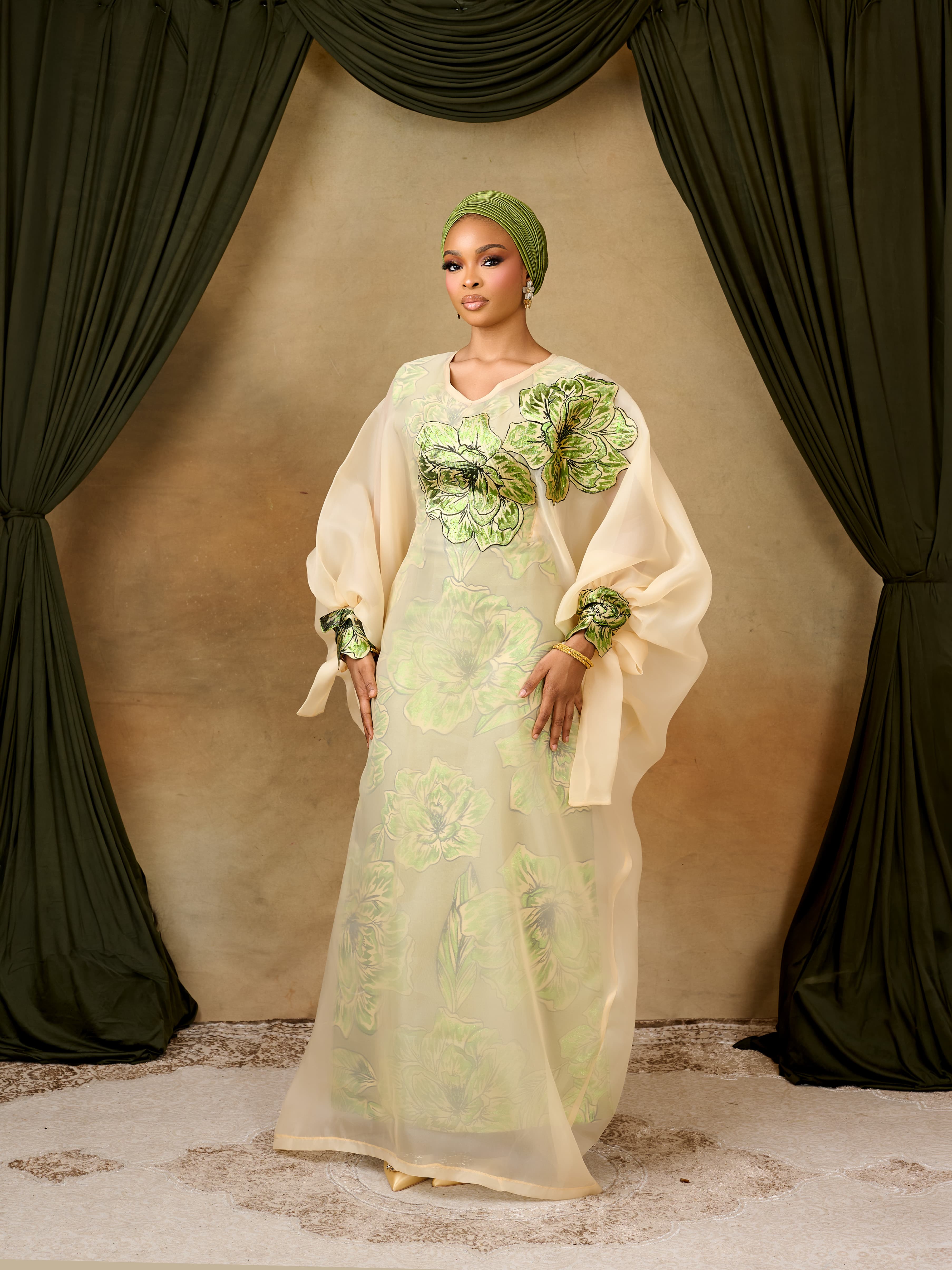 The Ayo Brocade Bubu Set, Champagne/Green, angle 1